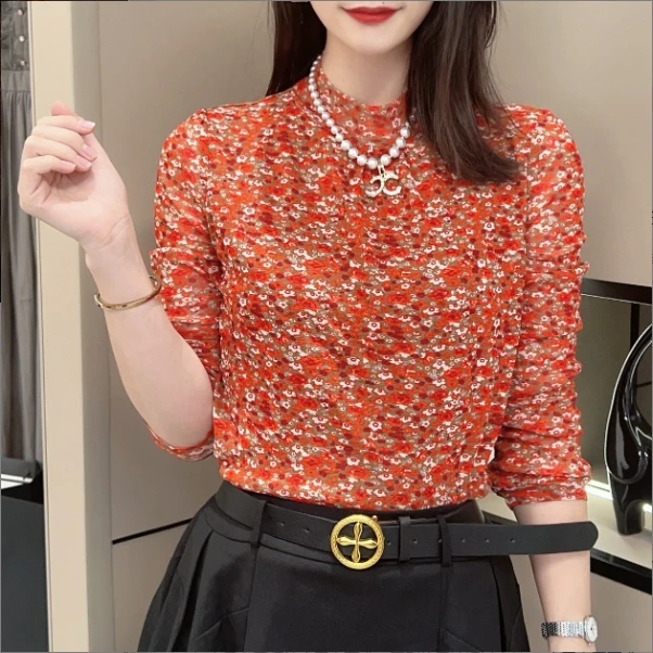 早秋新款2025新款红色碎花打底衫QYAB1060