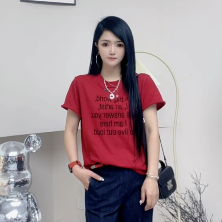 美式红色夏季圆领潮流短袖字母简约印花T恤宽松时尚女款修身半袖