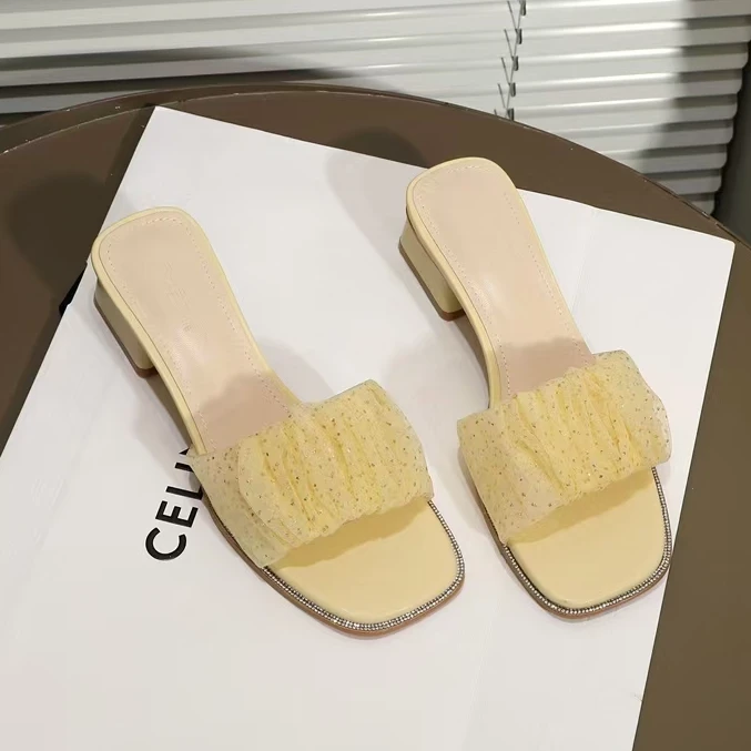 28062 夏季新款百搭时尚法式韩版粗跟方头气质拖鞋