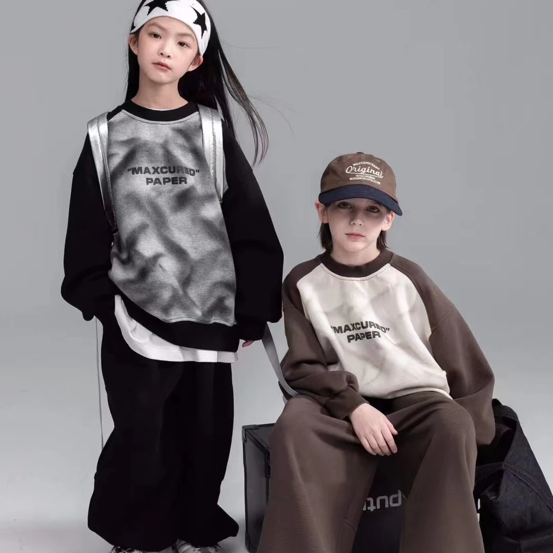 套头字母男秋冬卫衣女童圆领宽松韩版上衣套装休闲拼接