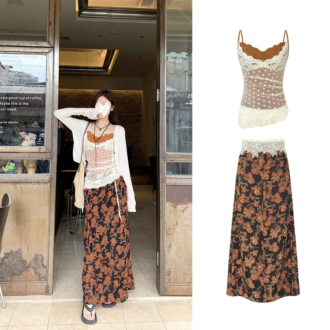 【盛夏栀子】纯欲不规则波点蕾丝吊带+碎花长裙半身裙+开衫1381