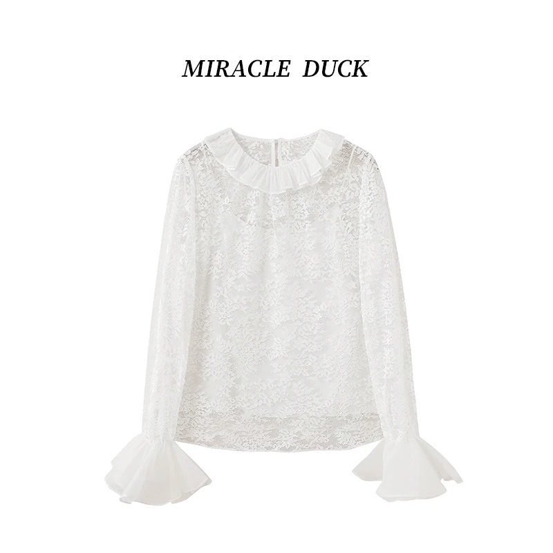 2号【浪漫宫廷】春秋冬新款荷叶边领蕾丝镂空提花喇叭长袖衬衫C1694