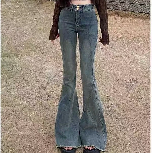 〖猫姐衣橱〗冬季新款港风经典款明线高腰做旧牛仔大喇叭裤0127