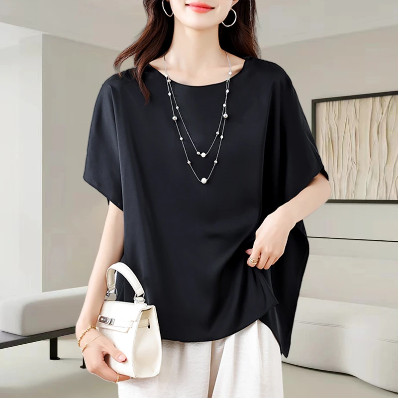 黑色缎面短袖t恤女士2025夏季新款时尚减龄大码宽松休闲显瘦上衣