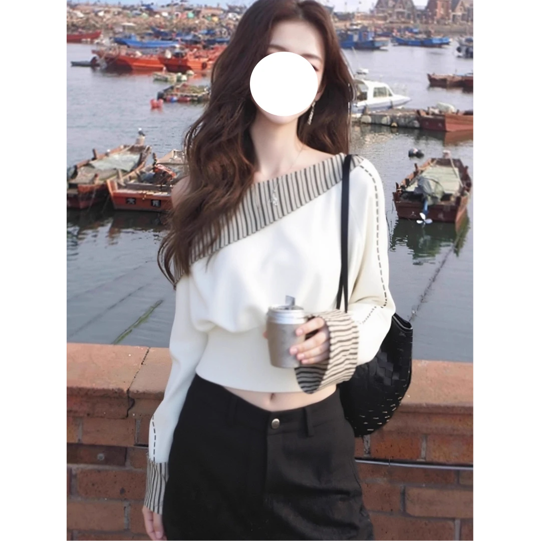 设计感斜肩条纹拼接长袖卫衣女2025秋季新款巨好看掐腰显身材上衣