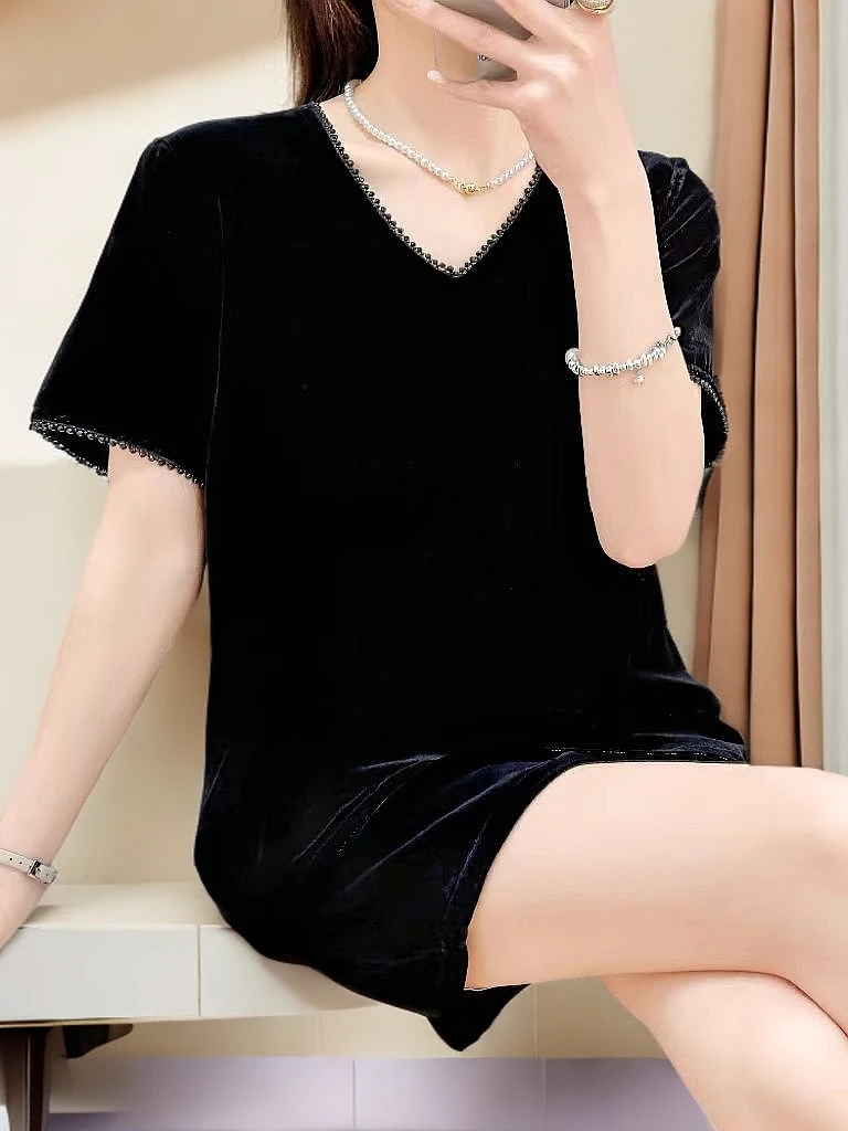 高端桑蚕丝真丝绒重工时尚百搭串珠V领半袖正宗真丝绒上衣1076