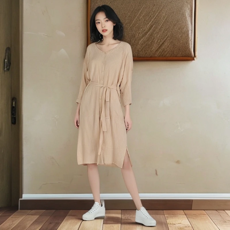 【F-8】女装KNSLC春游出行衣服-连衣裙3140-杏色大二码