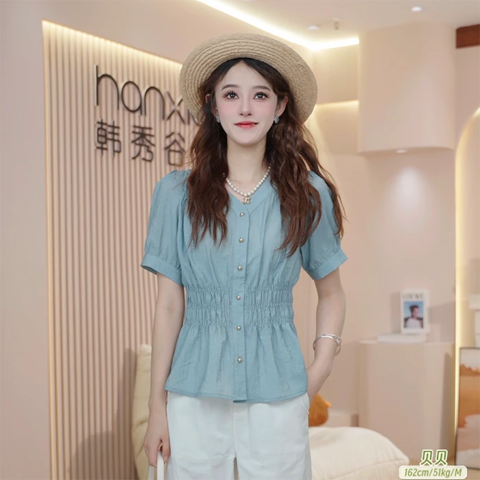 时尚百搭褶皱短袖衬衫女2025夏季新款宽松遮肚子休闲洋气上衣B659