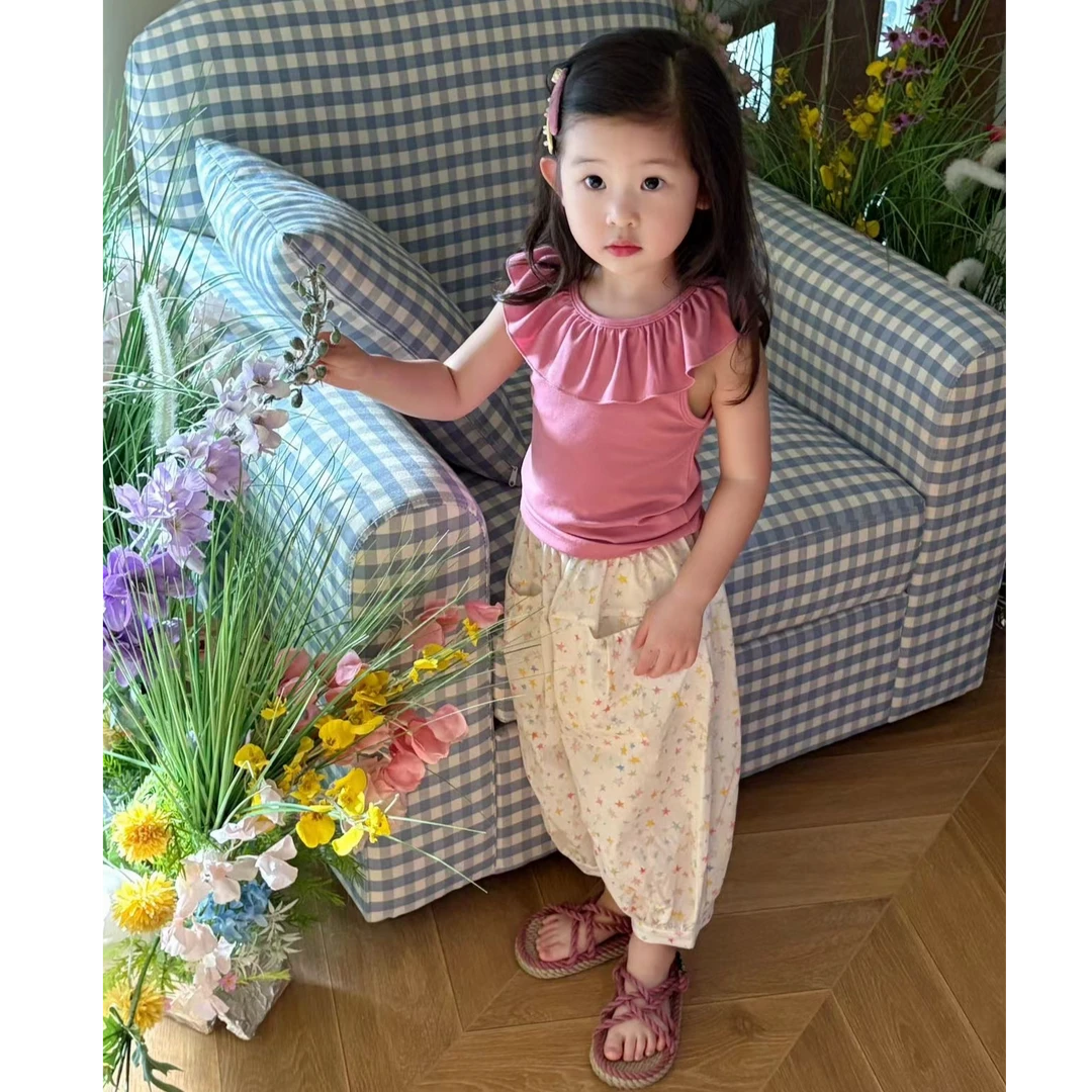 小思家女童套装2025夏季新款韩系甜美风荷叶边无袖上衣碎花萝卜裤