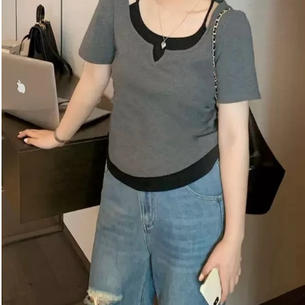 6613夏季新款法式设计感2*2螺纹260克假俩件吊带背心短款短袖t恤