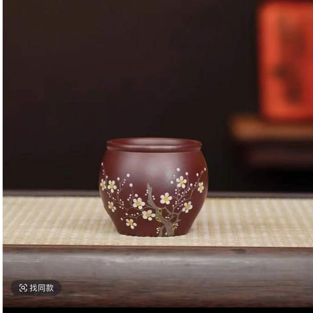 宜兴原矿石红堆绘梅花紫砂主人杯