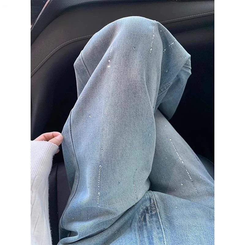 美式重工烫钻牛仔裤女2025秋季新款设计感高腰宽松显瘦直筒阔腿裤