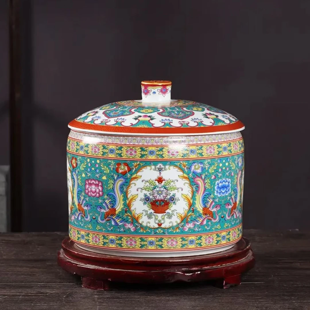 【景元宝陶瓷】景德镇珐琅彩开窗茶饼罐储物罐XD