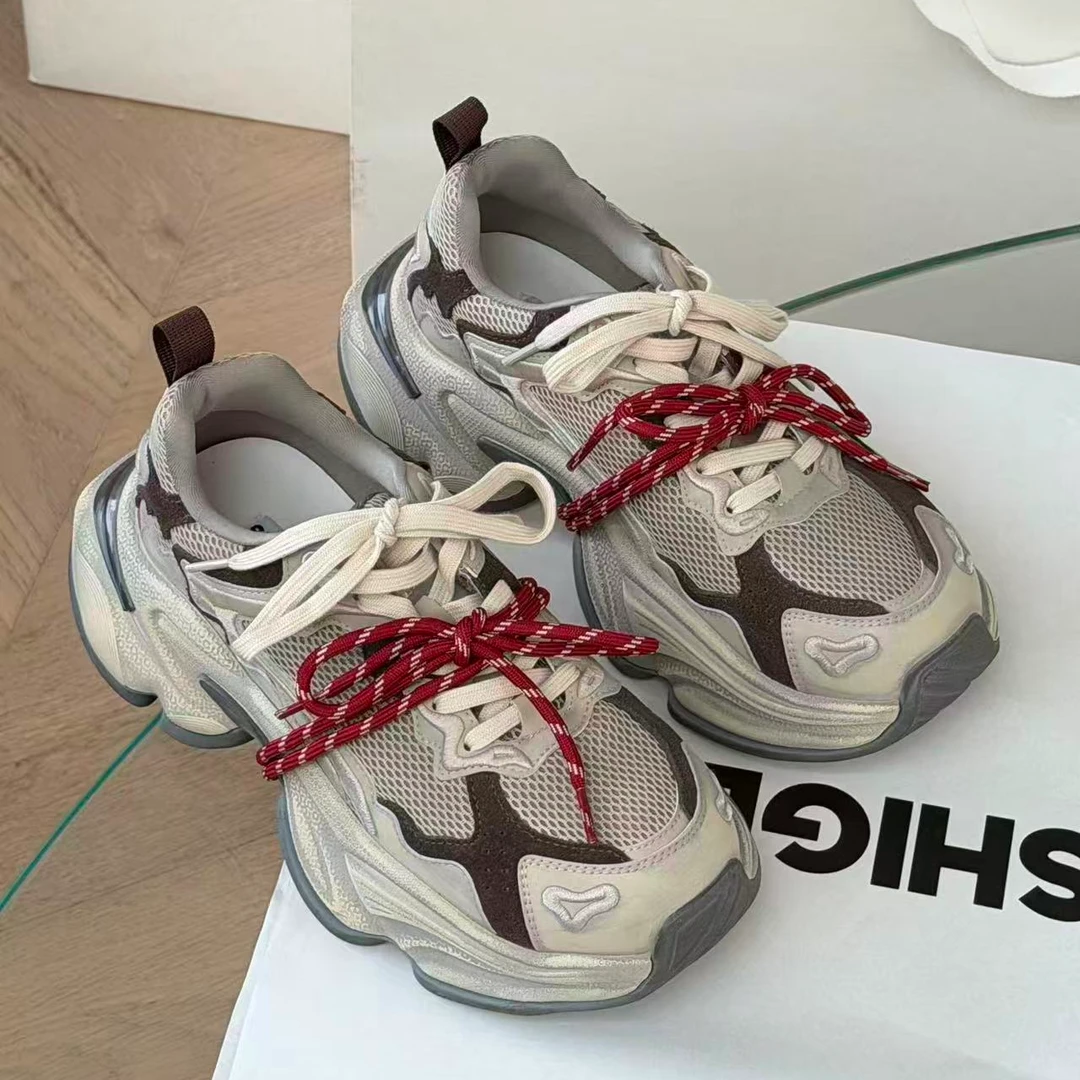 诗歌兰真皮女鞋2025新款时尚百搭轻便松糕厚底系带休闲运动老爹鞋