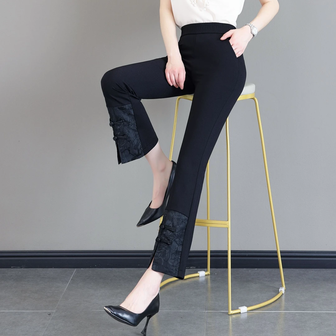 微喇叭裤子女春秋中式女裤2025新款高腰显瘦垂感中国风九分喇叭裤