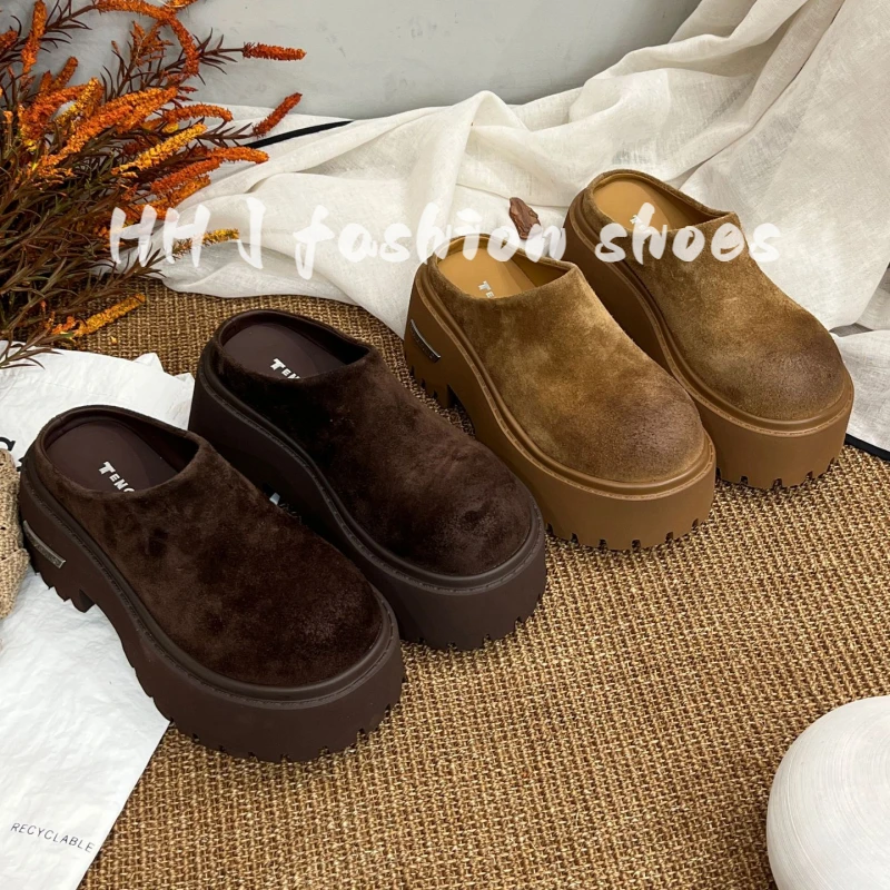 2025秋季新款韩版真皮复古松糕底勃肯拖鞋女厚底增高包头半拖鞋女
