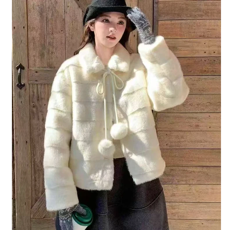 杏色柔软仿貂毛外套女2025冬季温柔甜妹毛球系带短外套256613