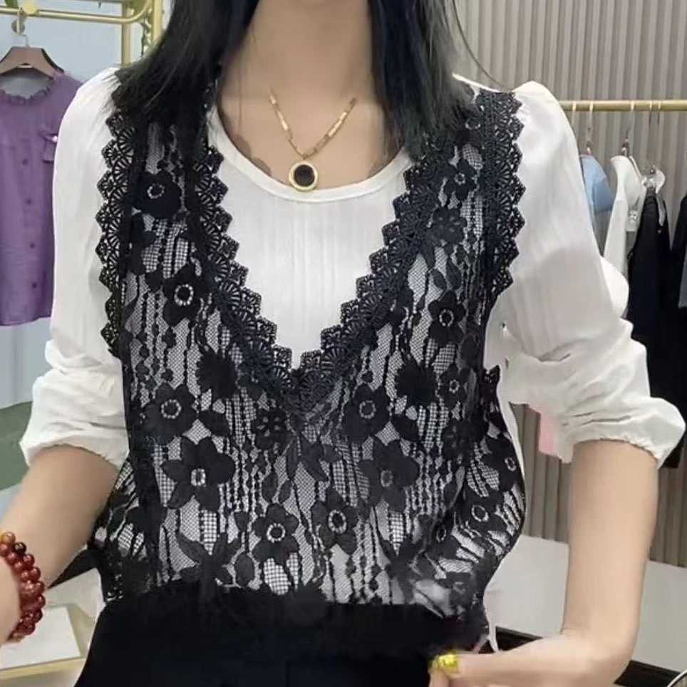 355-韩版设计感大码蕾丝刺绣糖果色大码显瘦假两件衫