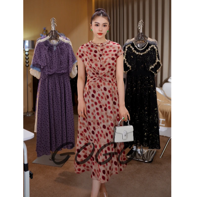 夏日小姐 G6090气质显瘦波点连衣裙女2025夏季新款收腰遮肉裙子