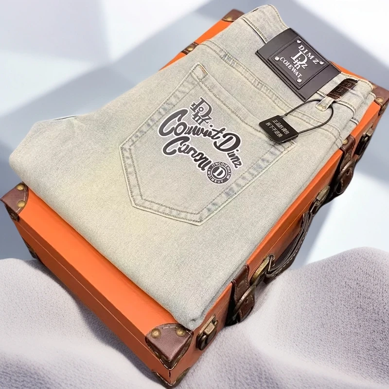 宾斯洛特夏季薄款日韩印花牛仔裤男士修身小直筒弹棉时尚流行裤