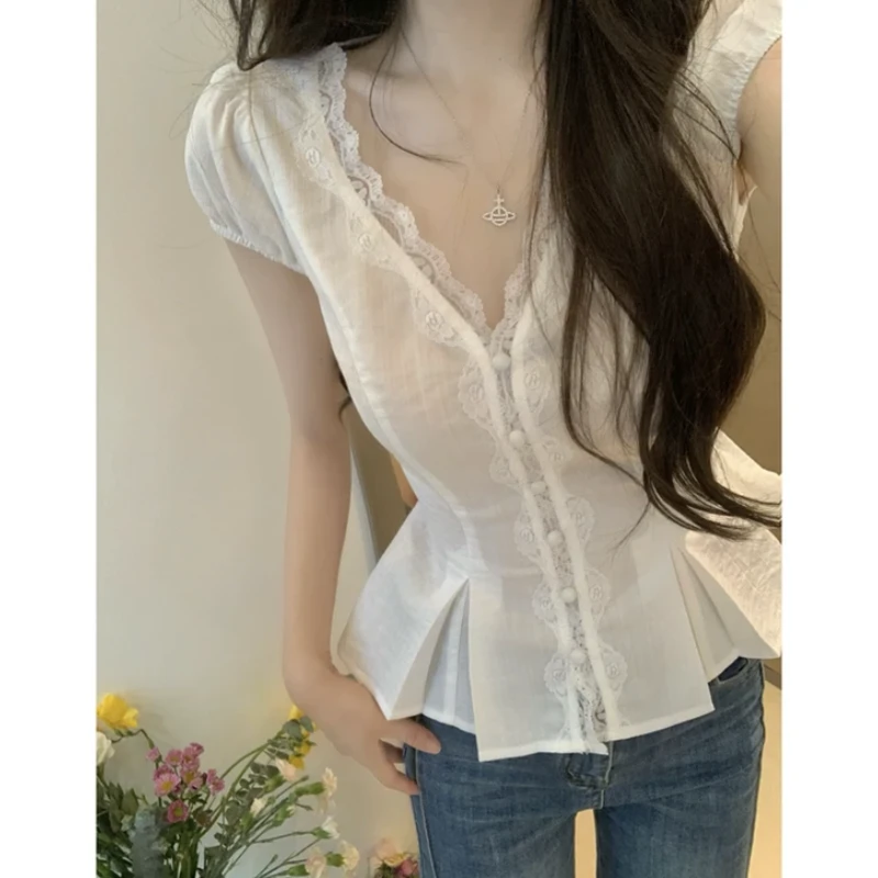 【8691桃】大码女装胖mm法式蕾丝花边短袖夏季V领镂空系带收腰上衣