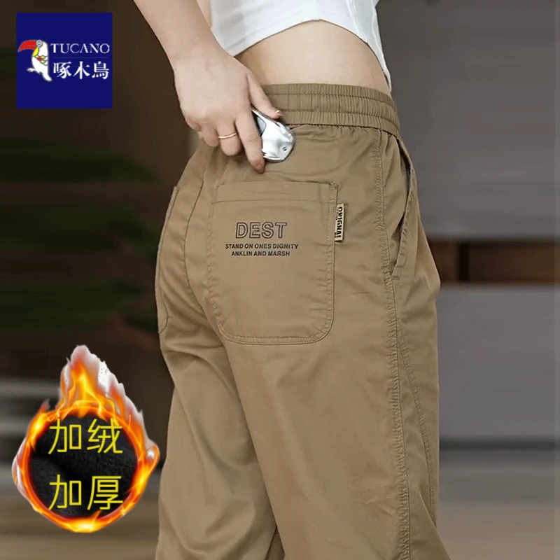 啄木鸟秋冬季工装休闲裤子男宽松束脚哈伦加绒加厚大码运动九分裤