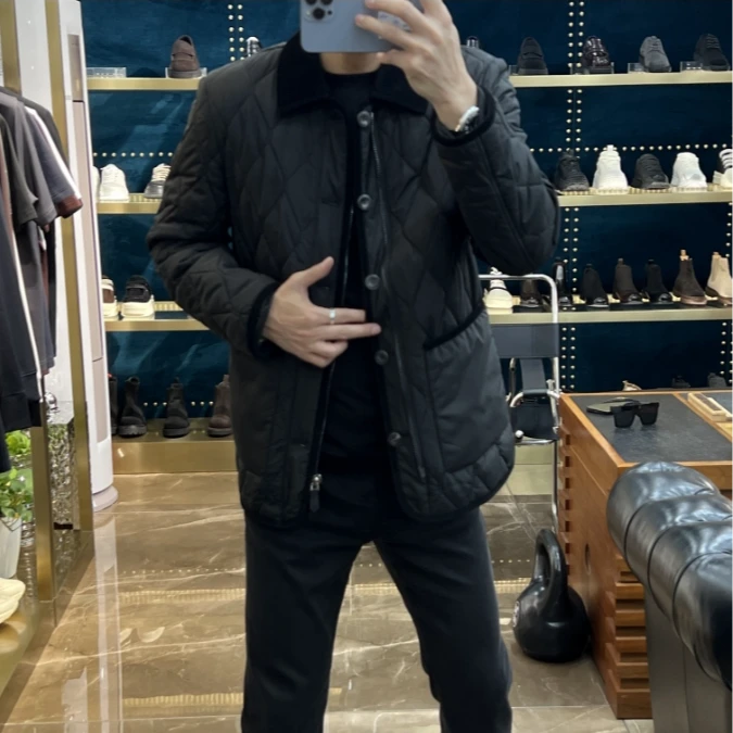 21007秋季中厚菱形格灯芯绒防风拉链一手长棉服