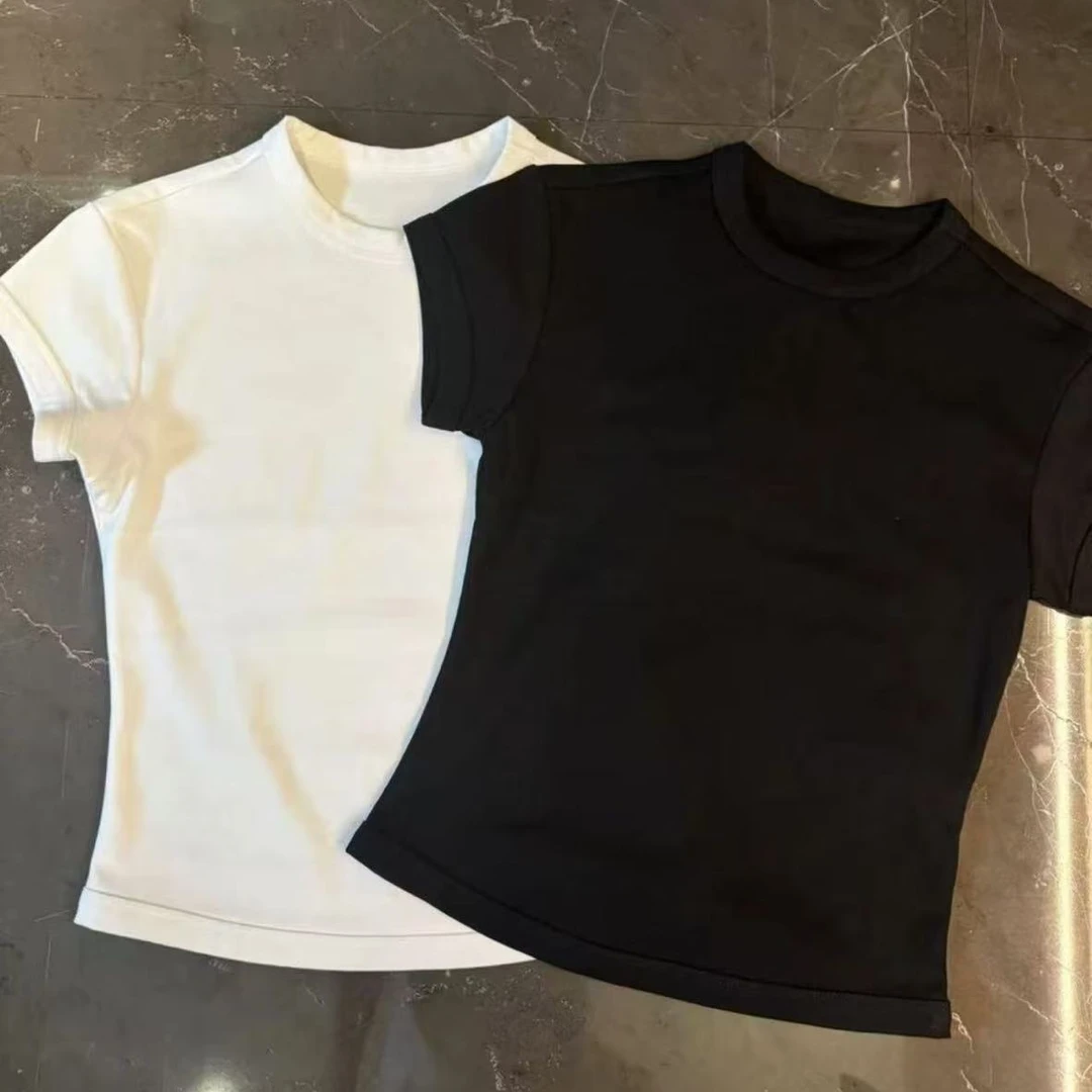 时髦百搭辣妹短款修身圆领小T恤四季穿搭净色短袖紧身上衣女