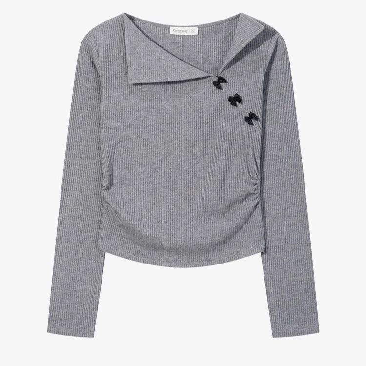 现现-设计感长袖t恤甜妹蝴蝶结翻领针织衫收腰上衣Y50147842