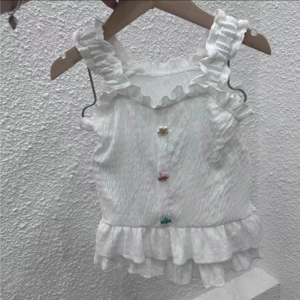 【三色扣】韩版森系三朵小花扣花边背心套装2025炸街女童两件套