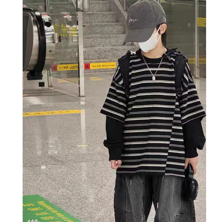 太帅了~洋气新款呢条纹假两件超酷上衣打底9023