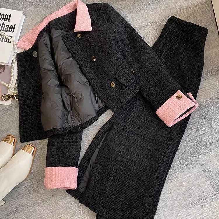 0285秋冬季新款高级感双排扣夹棉加厚小香风短外套半身长裙两件套