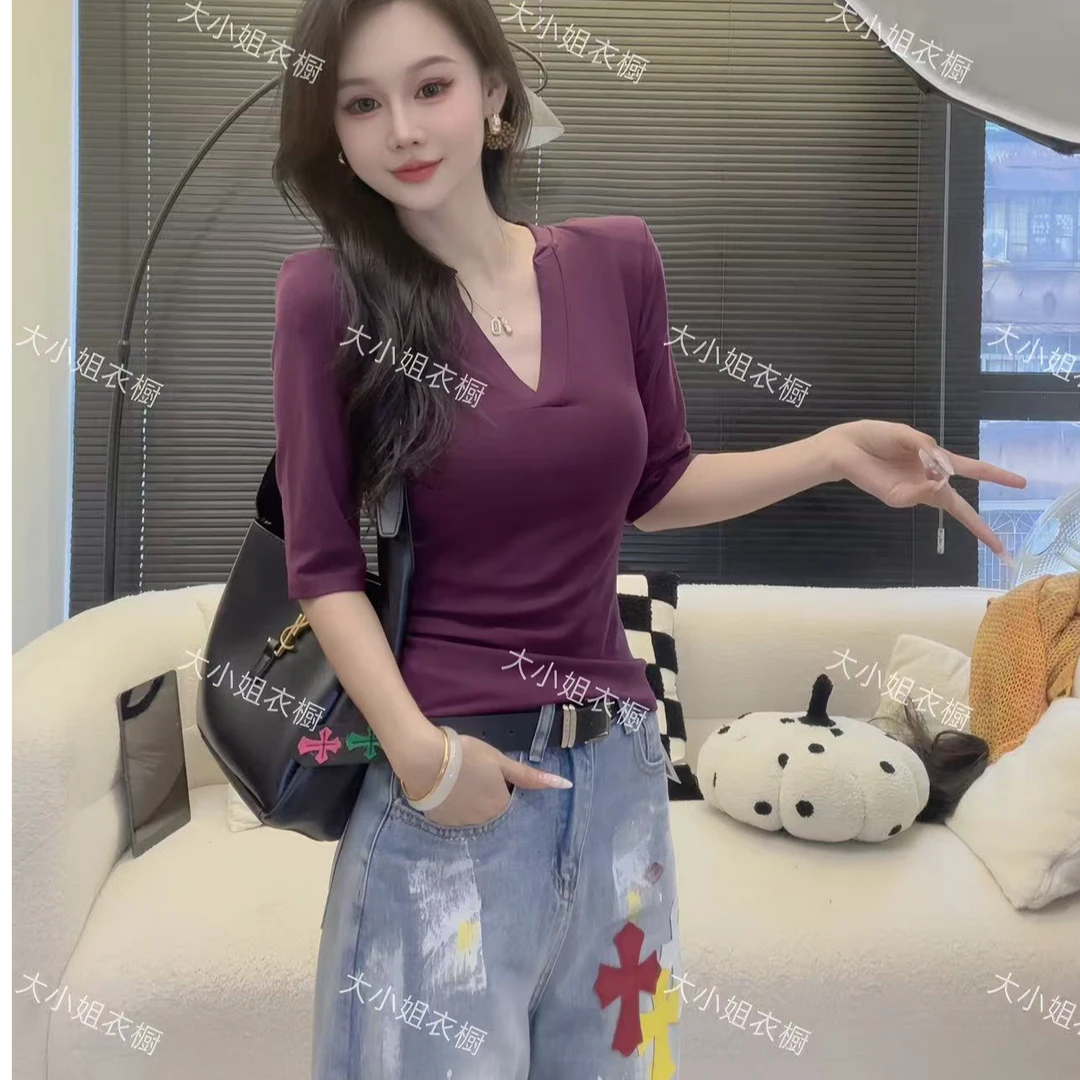 【DXJ家定制】修身V领设计款早秋中袖设计感上衣19A1036