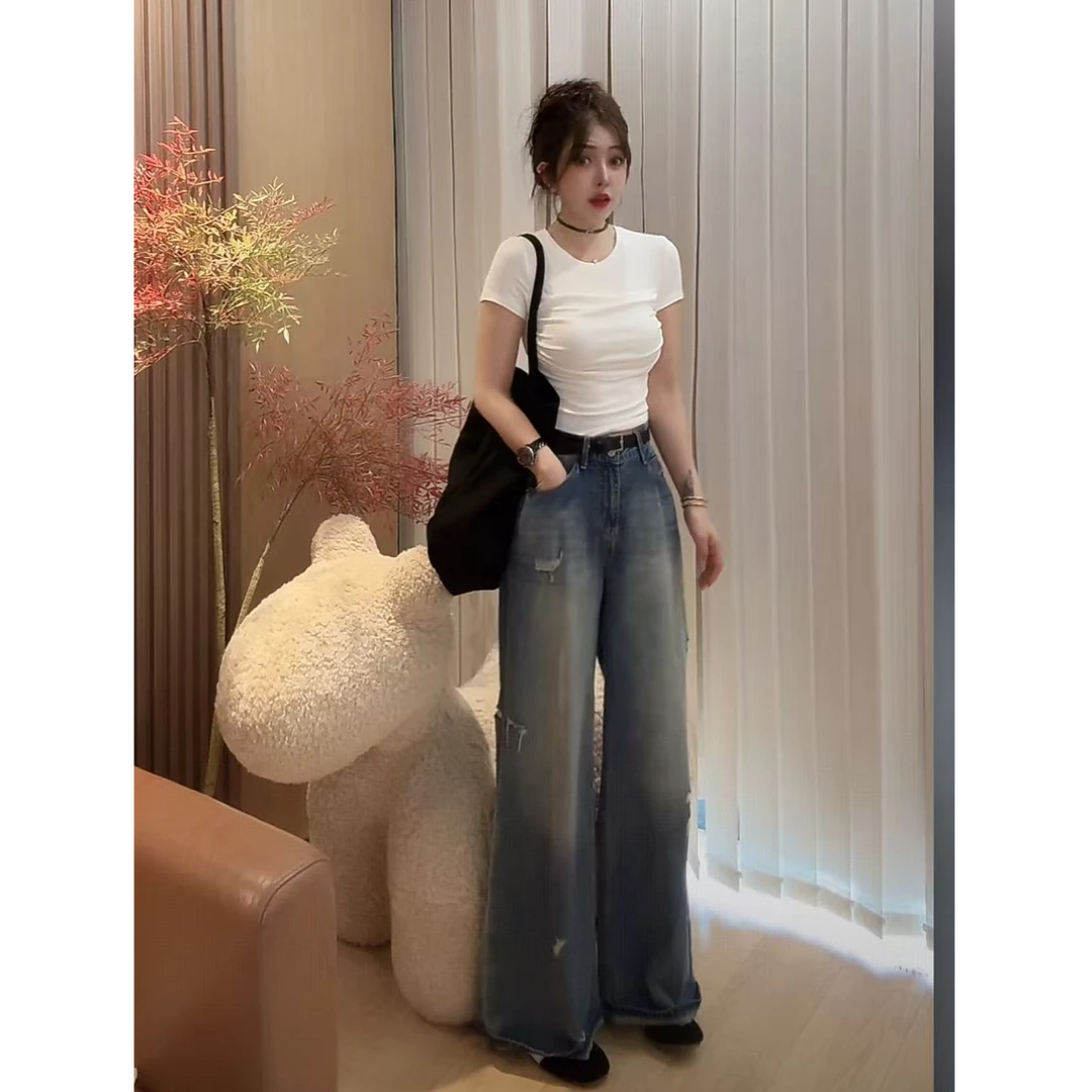 F3 高腰破洞阔腿宽松牛仔长裤 EF0303