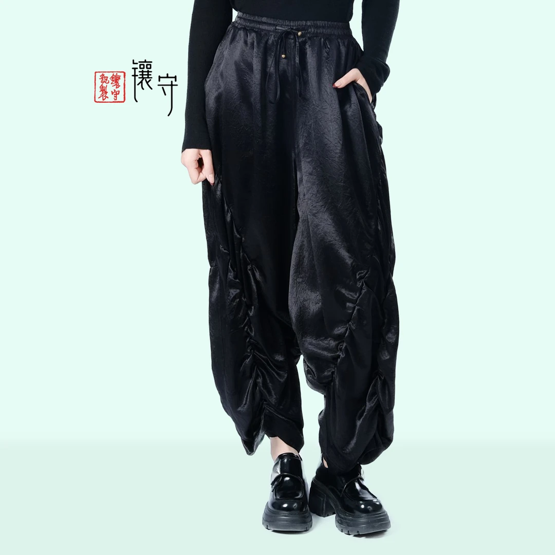 【镶守·忘忧】中式复古百搭弹力时尚黑色休闲高腰显瘦阔腿裤K1951