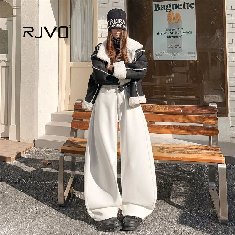 RJVO新款白色高腰加绒弯刀牛仔裤 长裤&加长