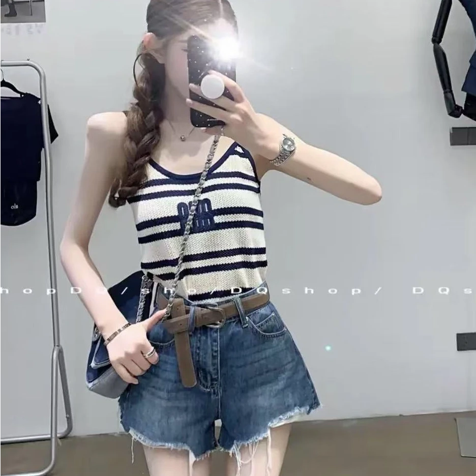 韩系细肩吊带小背心女25夏季刺绣字母条纹撞色镂空针织吊带小背心