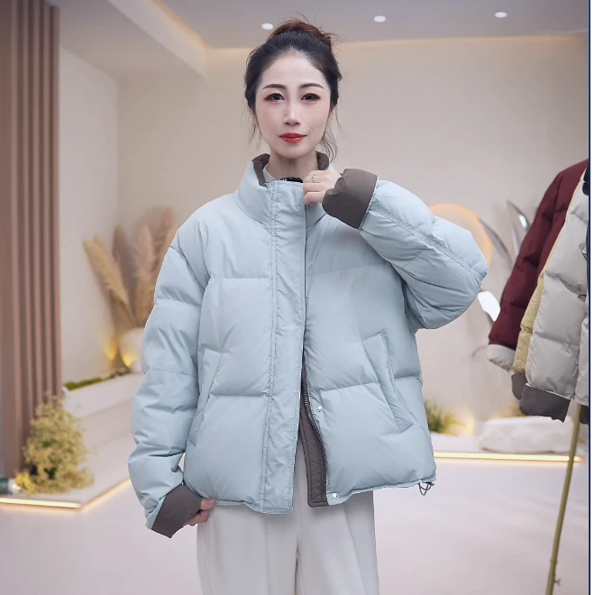 2024新款复古撞色拼接减龄立领短款气质休闲保暖冬季羽绒服外套