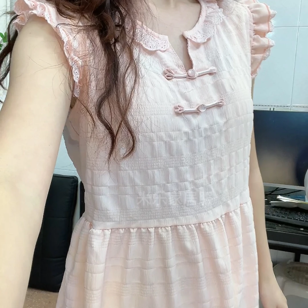 夏季新款花边盘口小飞袖睡裙女带胸垫
