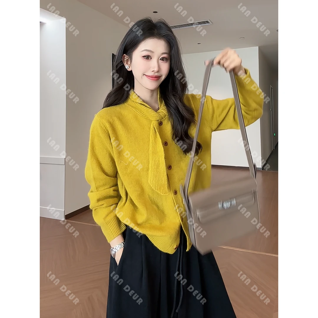 JIUJIU【暖茶秋意】绵羊毛时尚法式甜美纯色设计感秋冬针织开衫女