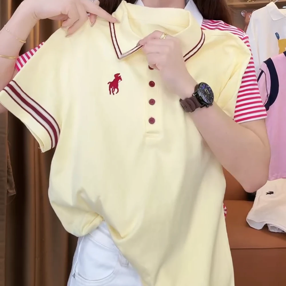 2025春夏新款百搭简约显瘦女小鸡黄宽松POLO领刺绣短袖t恤上衣