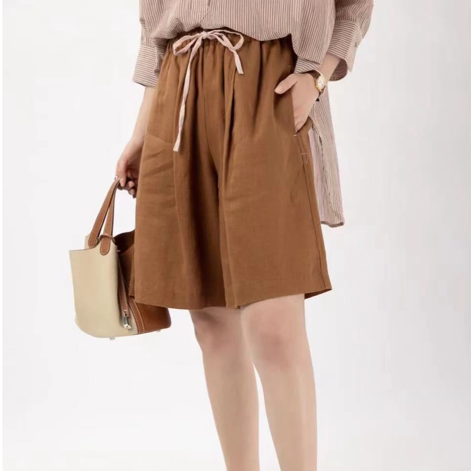 雨露亚麻五分短裤【裤长55】中裤女松紧腰百搭阔腿高腰直筒短裤