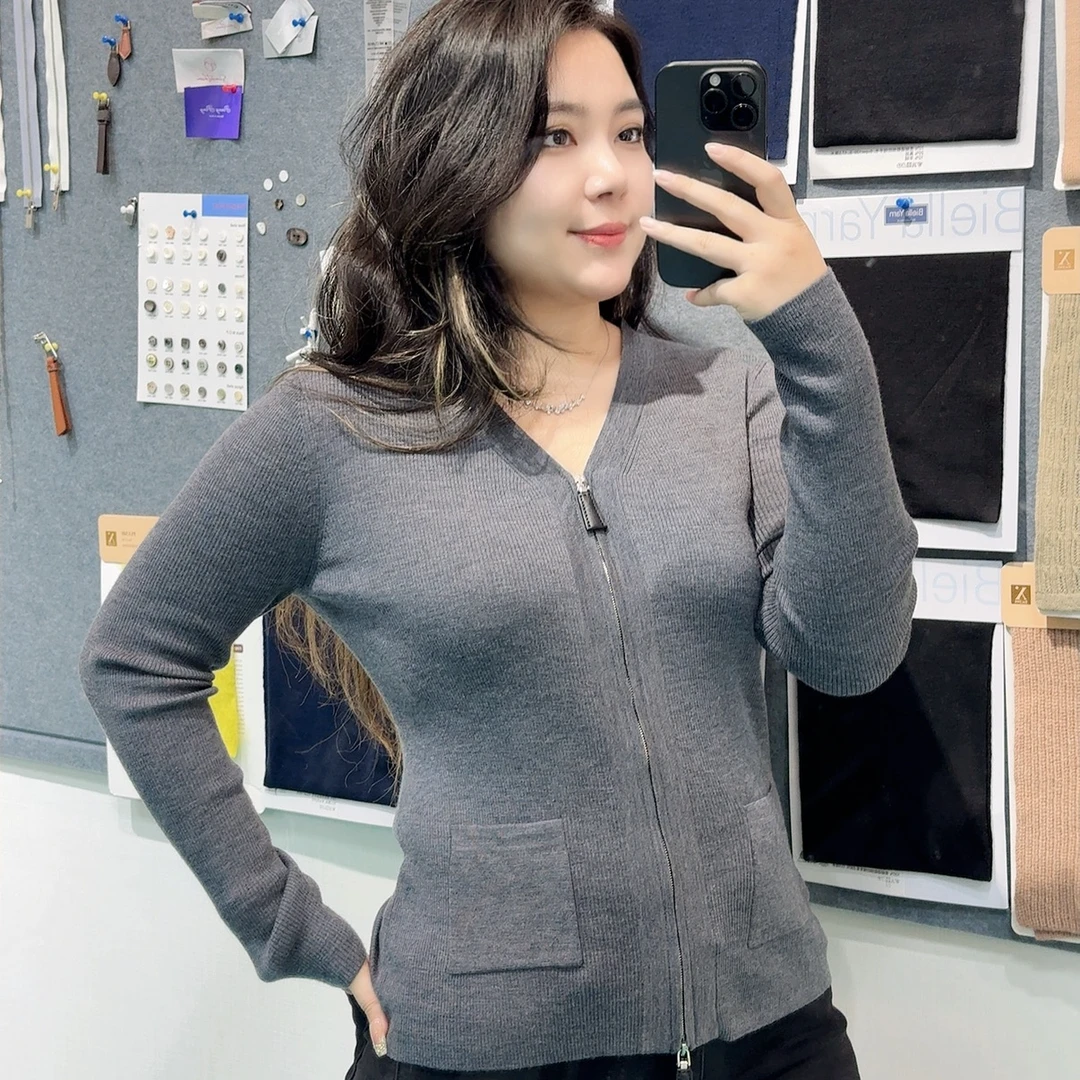 德国扬子纱100%绵羊毛显瘦长袖v领双头拉链口袋修身针织打底开衫