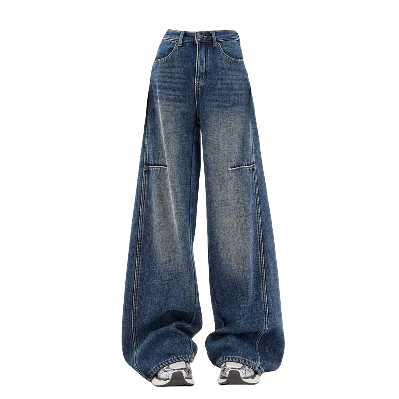 大码美式复古水洗阔腿牛仔裤女春季新款高腰休闲拖地宽松直筒裤子