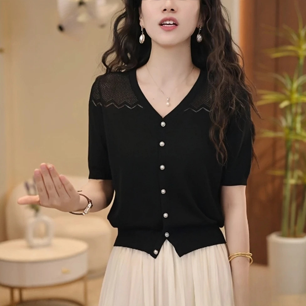 2025新款短袖V领镂空百搭气质减龄遮肉夏季透气小衫洋气针织开衫