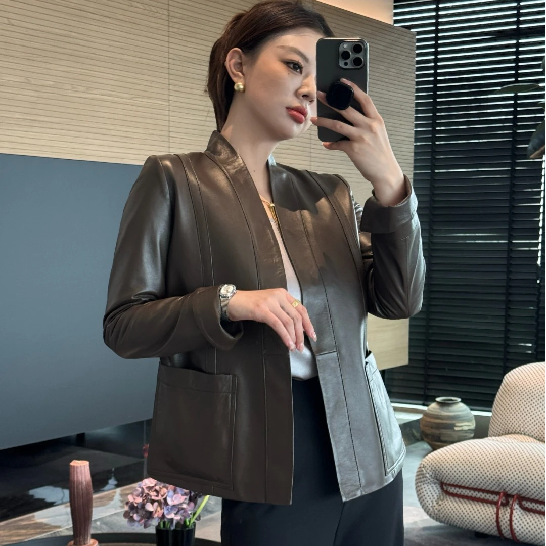 [乌木沉香]真皮皮衣外套女短款真皮皮衣绵羊皮女皮夹克返潮复古