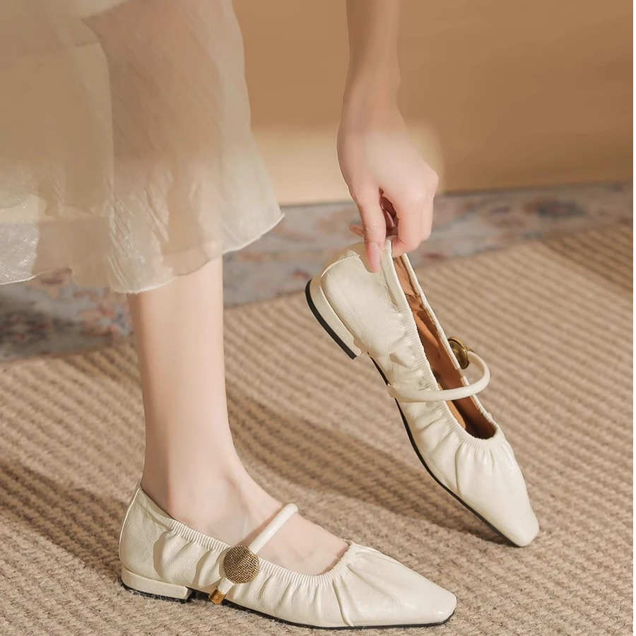 时尚女鞋褶皱法式玛丽珍单鞋女春秋方头平底孕妇鞋软底舒适米白色