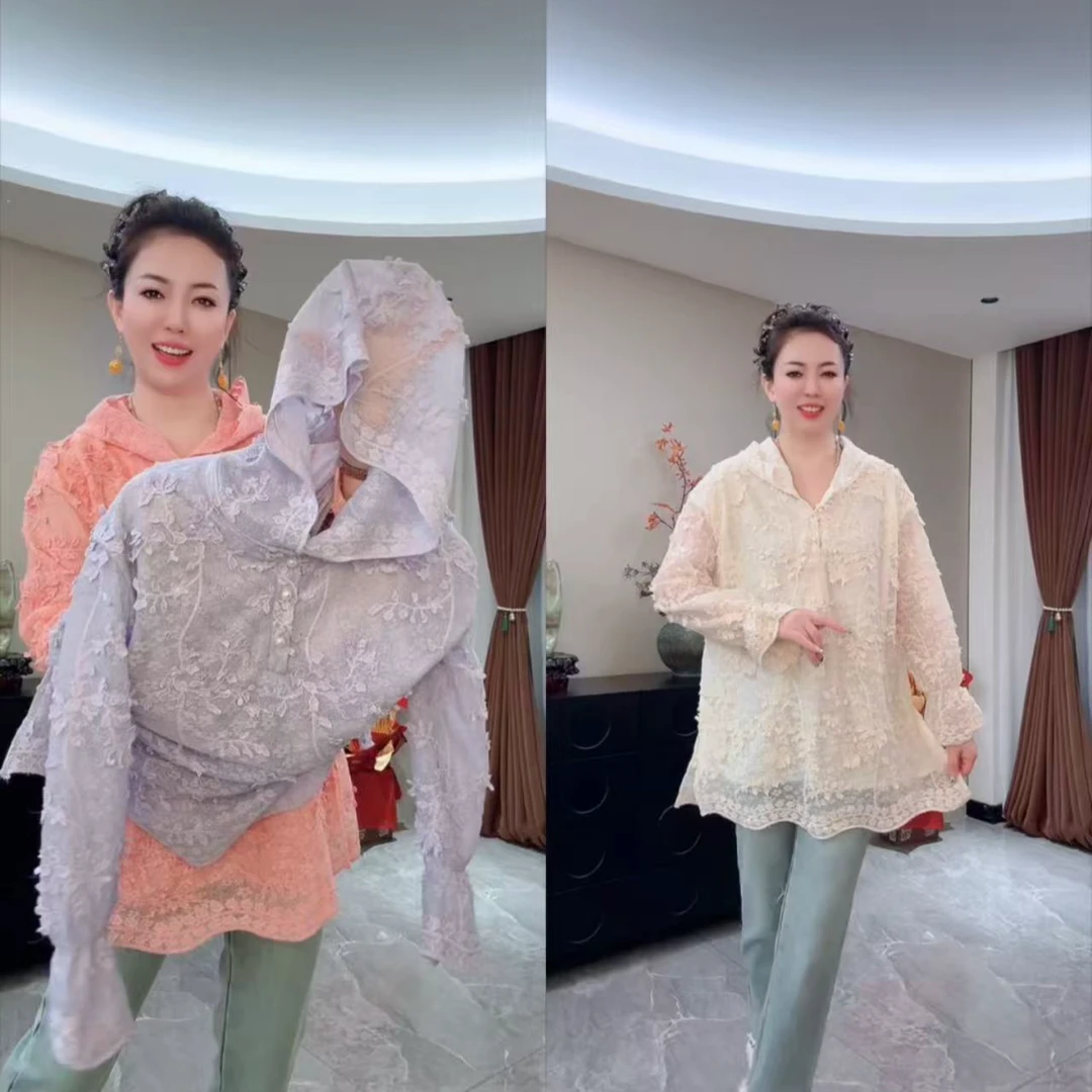 7291帽款立体花时尚重工蕾丝大码上衣