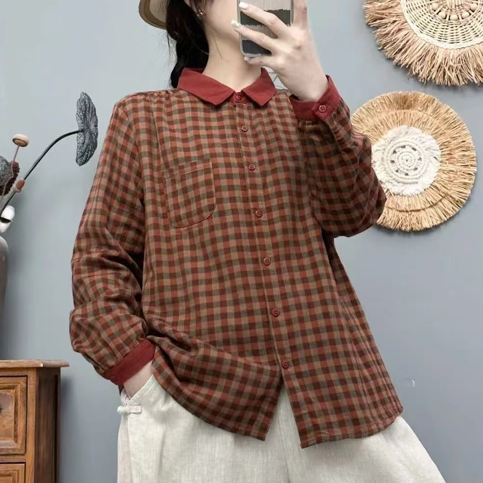 8443春季新款文艺复古宽松减龄格子长袖衬衫
