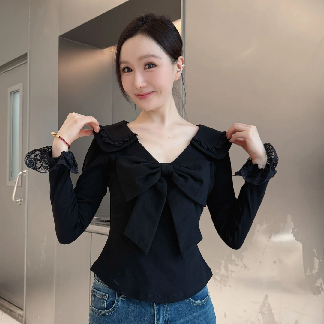 弹力棉蝴蝶结装饰蕾丝V领上衣气质收腰弹力棉显瘦短款时尚百搭
